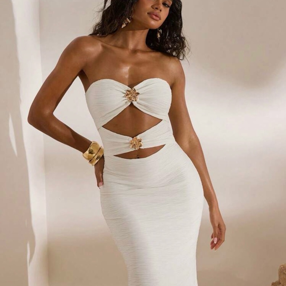 Opulessa Strapless White Cutout Bodycon Dress w/ Gold Accent. Bachelorette dress